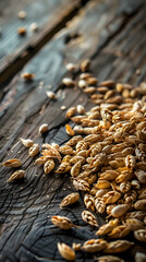 Gros plan sur du malt pour la fabrication de la bière posé sur une table en bois au format portrait.