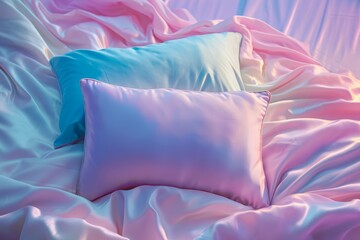 Bed with Satin Pillows and Sheets in pastel colors pink and lilac.
