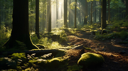 Sunlight filtering through dense forest foliage, casting intricate patterns on the forest floor.