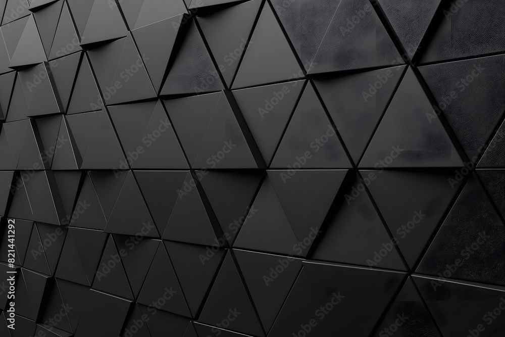 Poster triangular tiles arranged to create a black wall. polished, futuristic background formed from 3d blo
