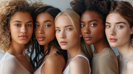 Obraz premium Close-up of multiethnic women of different ages with glowing skin, confidently smiling and looking happy. 