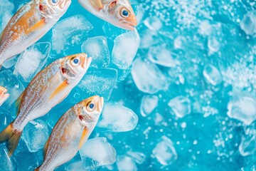 Fresh Fish on Ice with Blue Background. Perfect for Seafood Market or Restaurant Designs. Seafood background with fish and copy space for text