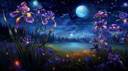 A digital painting of an iris garden under a starry night sky.