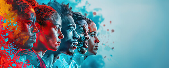 Side profile portraits of five athletes with a mix of red and blue paint splashes emphasizing focus and diversity