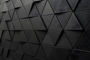 Triangular Tiles arranged to create a Black wall. Polished, Futuristic Background formed from 3D blocks. 3D Render AI