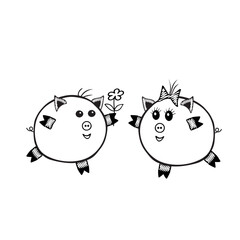 Vector piggy fat girl and a piggy boy with a flower together on a white background for coloring book for kids
