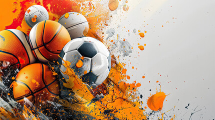 Collection of basketballs and soccer balls with vibrant, colorful paint splashes