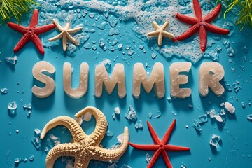 Summer Background. Summer typography word made from white corals, surrounded by starfishes with chilled ice on blue background. Vacation Design for Posters and Cards