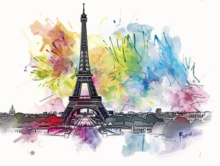 Eiffel Tower with colorful, artistic watercolor paint splashes