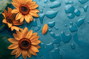 Three vibrant sunflowers rest on a rain-soaked turquoise surface, their petals glistening with water droplets. A single fallen petal adds a touch of whimsy to this colorful floral composition