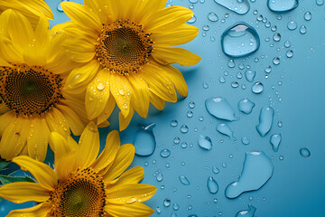 Three radiant sunflowers, adorned with dewdrops, on a soothing aqua blue backdrop. Their vibrant yellow petals and intricate details offer a captivating display of nature's artistry