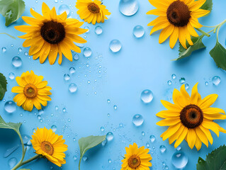A vibrant arrangement of sunflowers and leaves, accented by water droplets, creates a cheerful scene on a blue background