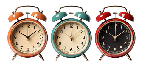 Set of retro vintage and modern stylish bedside alarm clocks and wall clocks isolated on a white transparent background