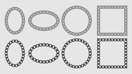 Vector chain frame. Borders of various geometric shapes are round, oval and square. Collection of isolated elements on a white background