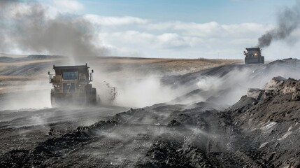 Dust and debris float in the air as miners use heavy equipment to extract coal.