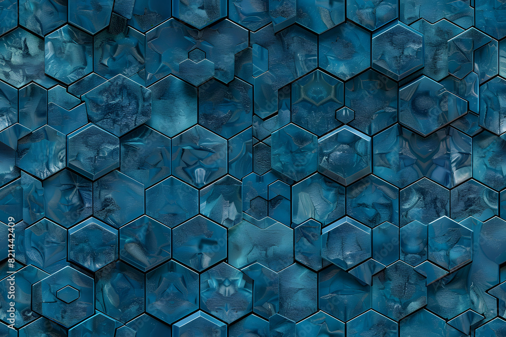 Poster polished tiles arranged to create a 3d wall. blue patina, textured background formed from hexagonal 
