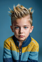 Little boy with blue eyes studio portrait. Generative AI