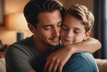 Father and Son Embracing with Closed Eyes