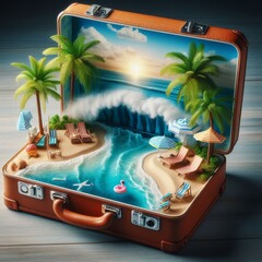 Miniature Paradise: Open Suitcase Reveals Tropical Beach Getaway. Travel Inspiration. generative AI