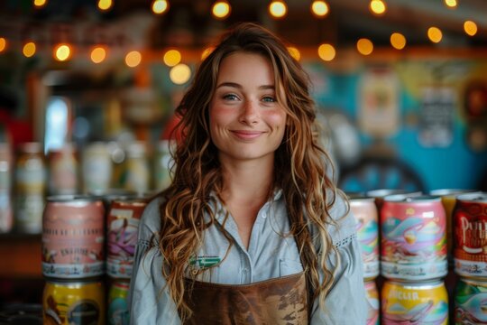 Woman in brewery surrounded by beer cans. A young woman with long, wavy hair smiles in a brewery setting, standing in front of a colorful array of beer cans.