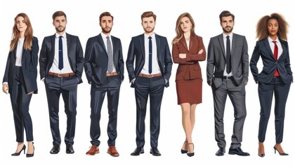 Fototapeta premium Business professionals in suits standing, sharing fashion design gestures