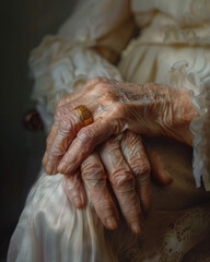 Golden memories: elderly hands with gold ring. Wrinkled hands of an elderly person gently resting on their lap.