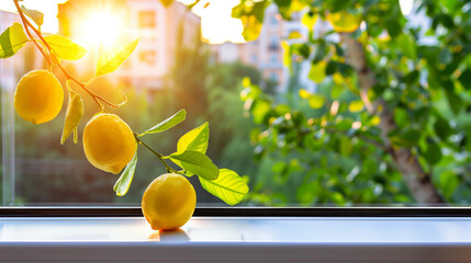 A sunny, serene scene with fresh lemons hanging from a branch, illuminated by golden sunlight of late afternoonset against a blurred background of lush green foliage and urban buildings. 