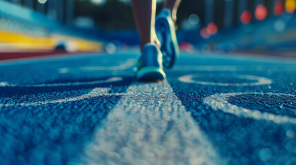 Close-up of runner's feet on the running track in the Olympic Stadium at sunset.