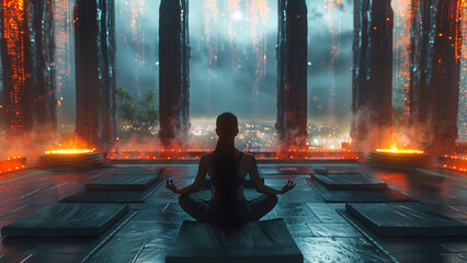 a woman meditating in front of a fire with a fire in the background.