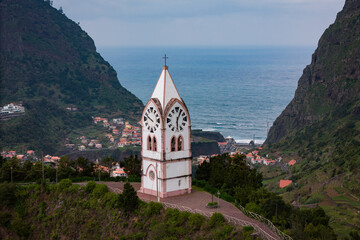Clock Tower Of Chapel of Our Lady of Fatima on Madeira island, Portugal. Aerial shot