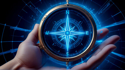 Hand Holding Digital Compass with Glowing Blue Navigation Interface