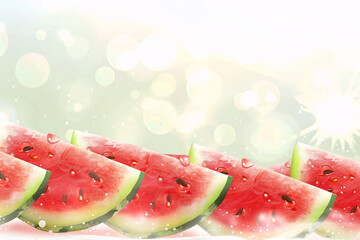 row of watermelon slices with a light bokeh background