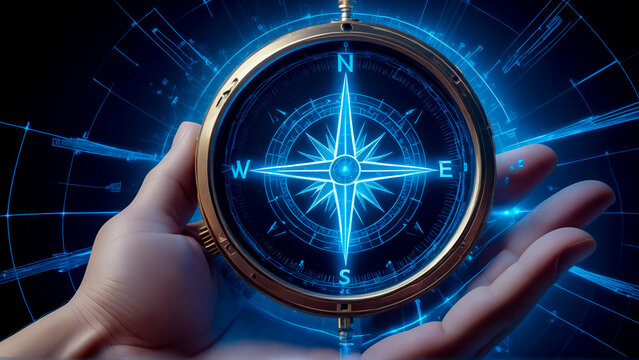 Hand Holding Digital Compass with Glowing Blue Navigation Interface - Powered by Adobe