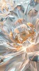 Elegant aesthetic abstract background with intricate floral motifs and delicate details, close up bright depiction of 3D white flora swirling in a futuristic setting with natural light.