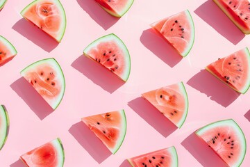 Pattern with ripe watermelon on pink background. Top View. Copy Space. Pop art design, creative...