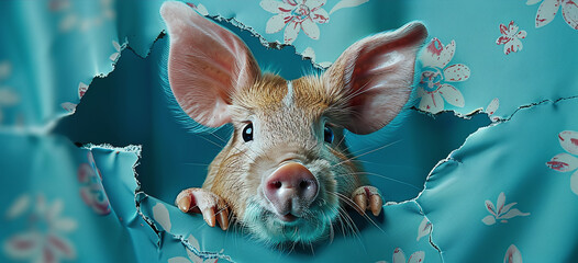 portrait pig looking throuhg a hole in a blue wallpaper
