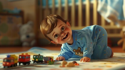 Cute baby playing with toys in a nursery for baby product or childhood designs