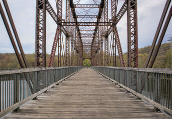 railway trestle bridge detail (steel and wooden crossing over croton reservoir) pedestrian walkway for biking cycling converted to rail trail (putnam railroad) yorktown heights new york (walking bike) © Yuriy T