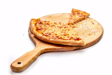 Cheese pizza with one slice removed on a wooden pizza board