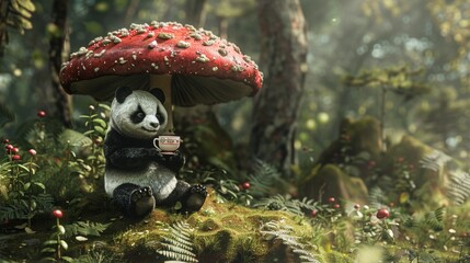 Cute panda drinking tea in a magical mushroom forest