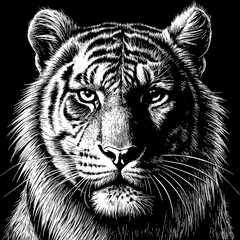 Black and white drawing of a tigers face on a black background