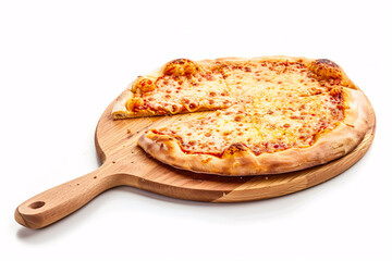 Whole cheese pizza with a single slice taken out on a wooden pizza board