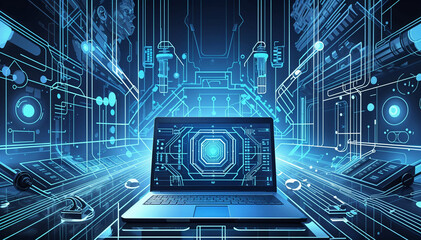 Futuristic illustration about computer technology with a laptop, High quality image for websites, posters, backgrounds and other modern projects