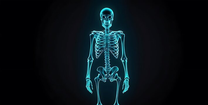 isolated on dark gardient background with copy space, neon human skeleton concept, illustration
