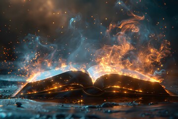 A book is open to a page with a fire burning on it. The fire is surrounded by smoke and sparks, creating a dramatic and intense scene. The book is positioned on a surface, possibly a table or a floor