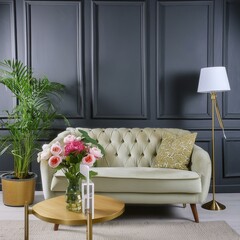 Modern interior design for home, office, interior details, upholstered furniture against the background of a dark classic wall.