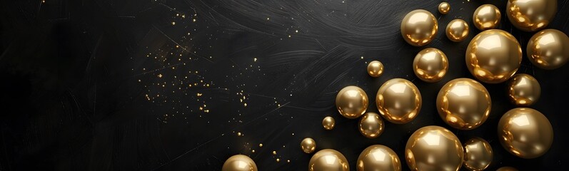 Gold balloons bunch on a black wall background. Horizontal banner.
