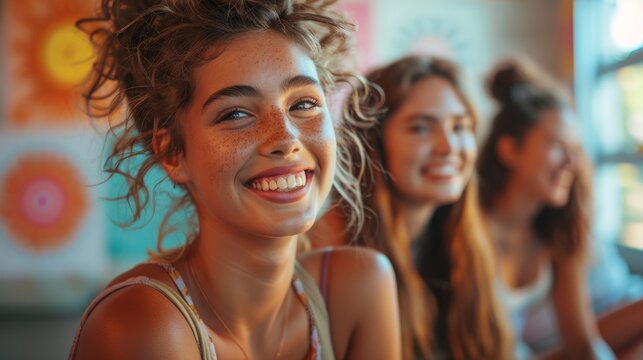 diverse teen body positivity workshop, a diverse group of teenagers of various backgrounds laughing and chatting at a body positivity workshop in a cozy community center with colorful posters