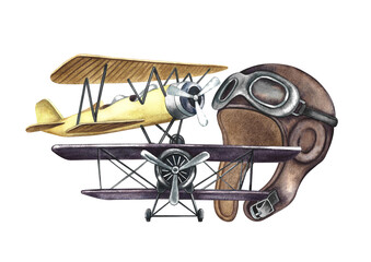 Vintage retro airplanes, an old pilot's helmet. An illustration made by hand in watercolor. Vintage liners, front and side view. For badges, stickers and prints. For labels, postcards and packaging.