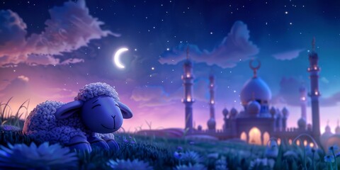  eid al adha cute 3d sheep on the background mosque, a crescent moon in the sky. Ai generative.